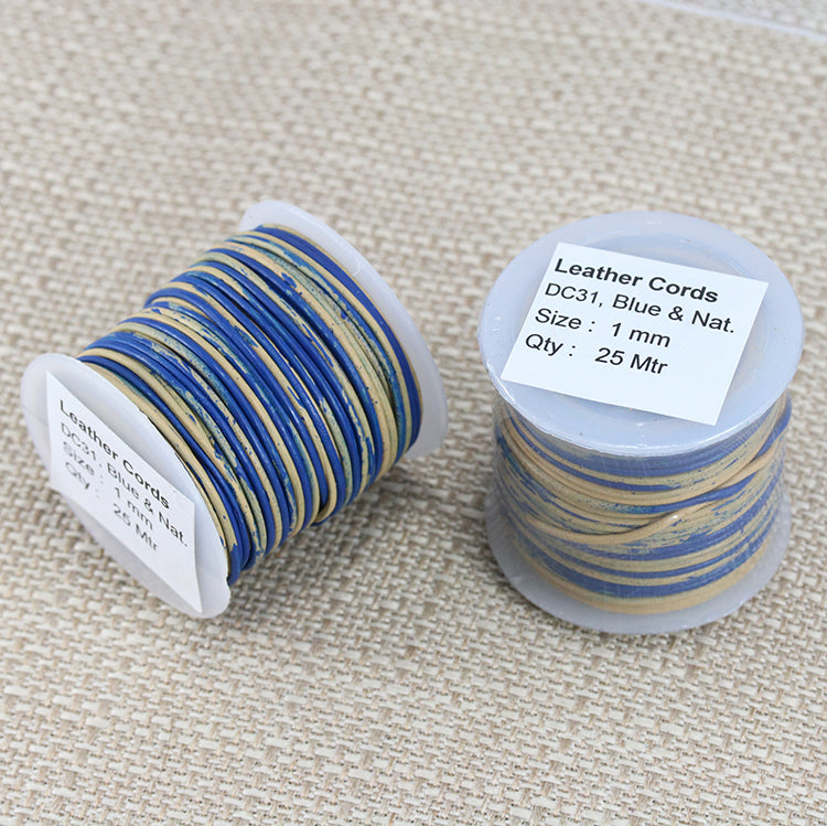 1mm round Indian leather - BLUE & NATURAL - 25m SPOOL