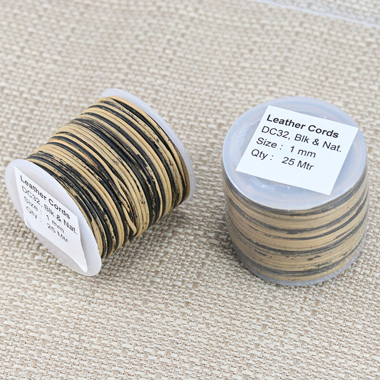 1mm round Indian leather - BLACK & NATURAL - 25m SPOOL