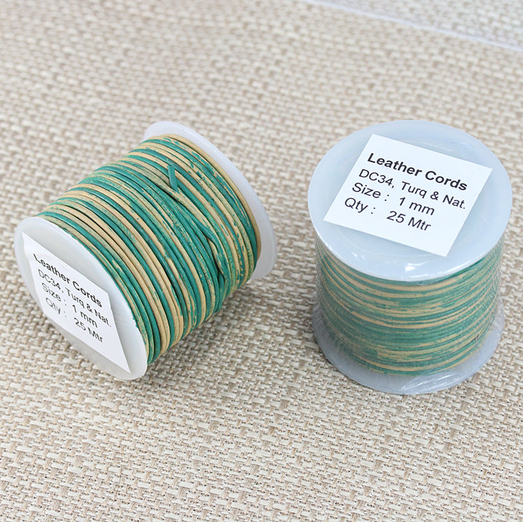 1mm round Indian leather - TURQUOISE & NATURAL - 25m SPOOL