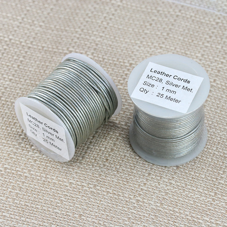 1mm round Indian leather - silver METALLIC - 25m SPOOL