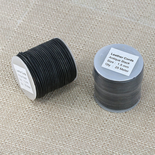 1.5mm round Indian leather - ANTIQUE black - 25m SPOOL