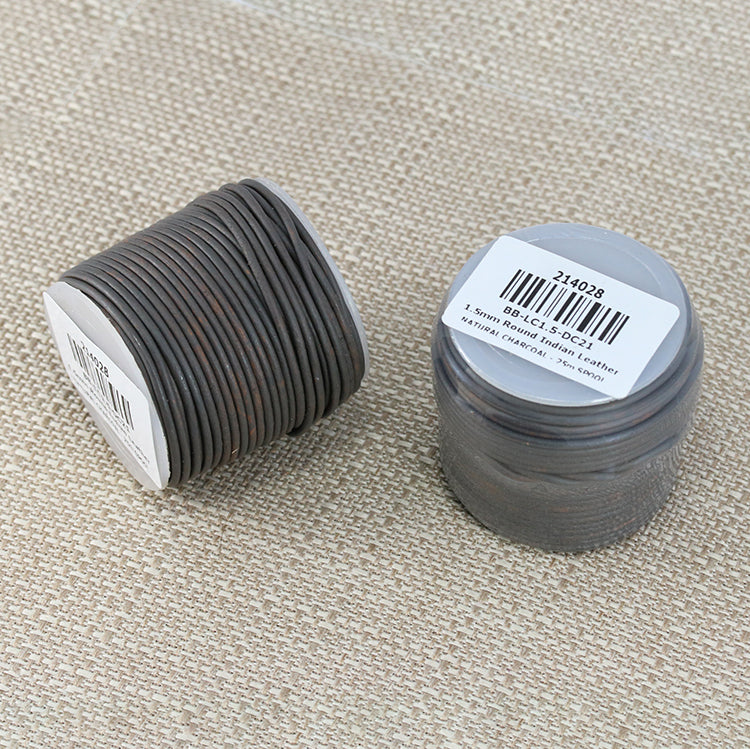 1.5mm round Indian leather - NATURAL CHARCOAL - 25m SPOOL