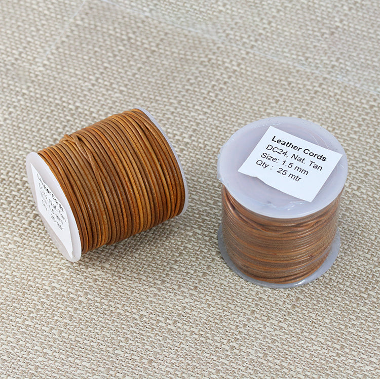 1.5mm round Indian leather - NATURAL TAN - 25m SPOOL