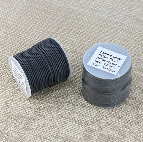 1.5mm round Indian leather - ANTIQUE LT BLACK - 25m SPOOL