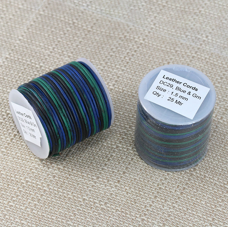 1.5mm round Indian leather - BLUE & GREEN - 25m SPOOL