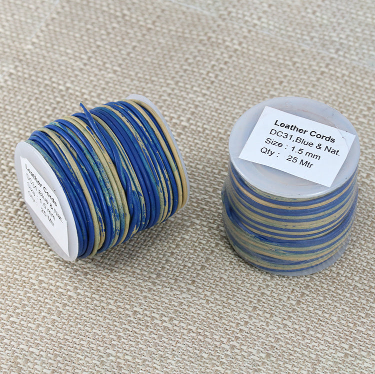1.5mm round Indian leather - BLUE & NATURAL - 25m SPOOL