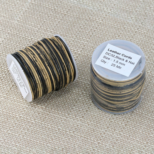 1.5mm round Indian leather - BLACK & NATURAL - 25m SPOOL