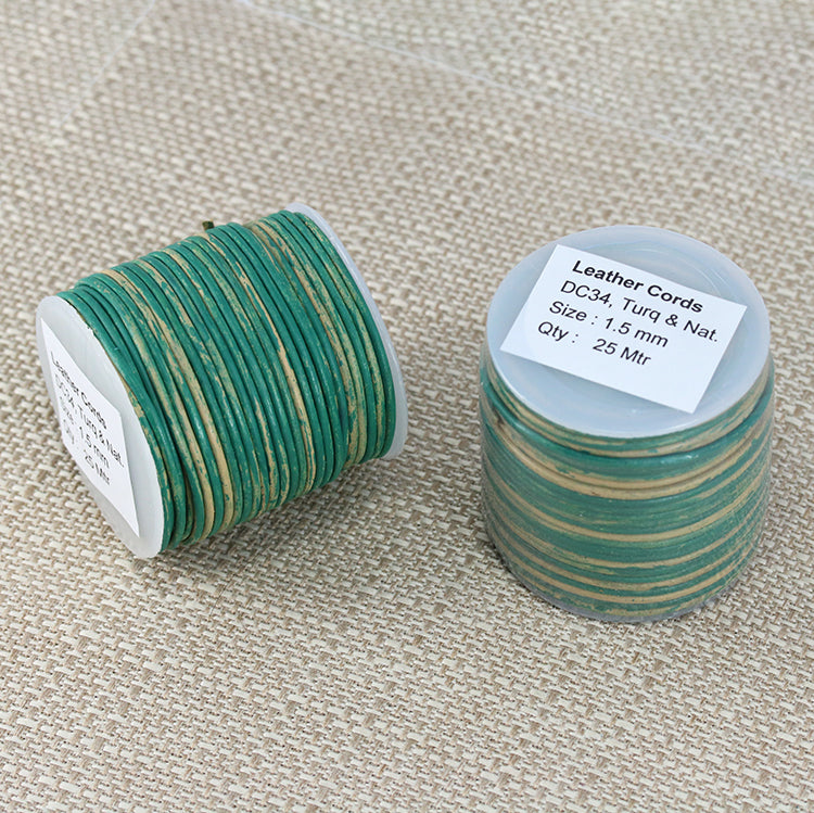 1.5mm round Indian leather - TURQUOISE & NATURAL - 25m SPOOL