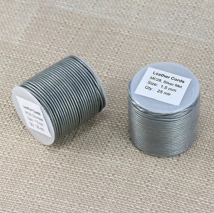 1.5mm round Indian leather - silver METALLIC - 25m SPOOL