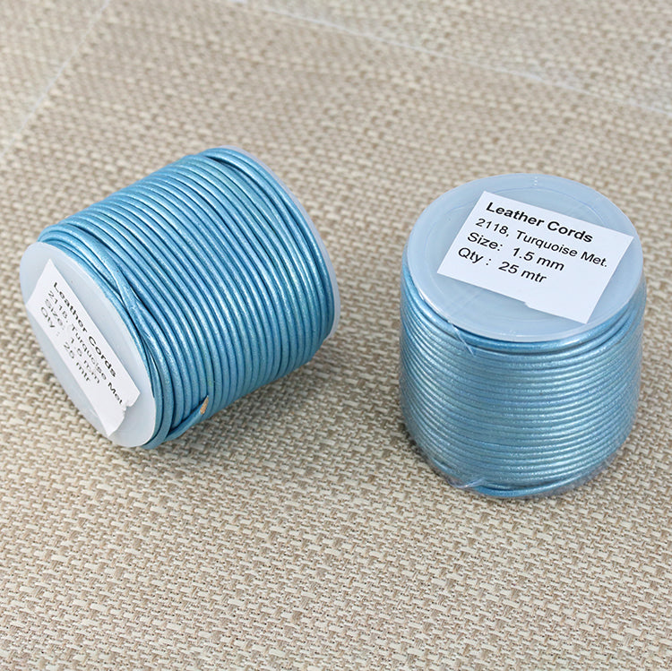 1.5mm round Indian leather - lt turquoise METALLIC - 25m SPOOL