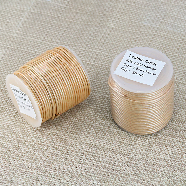1.5mm round Indian leather - lt salmon METALLIC - 25m SPOOL