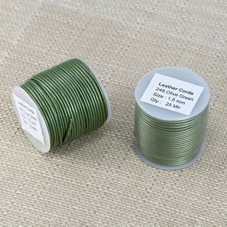 1.5mm round Indian leather - olive green METALLIC - 25m SPOOL