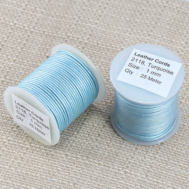 1mm round Indian leather - lt turquoise METALLIC - 25m SPOOL
