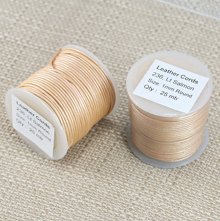 1mm round Indian leather - lt salmon METALLIC - 25m SPOOL