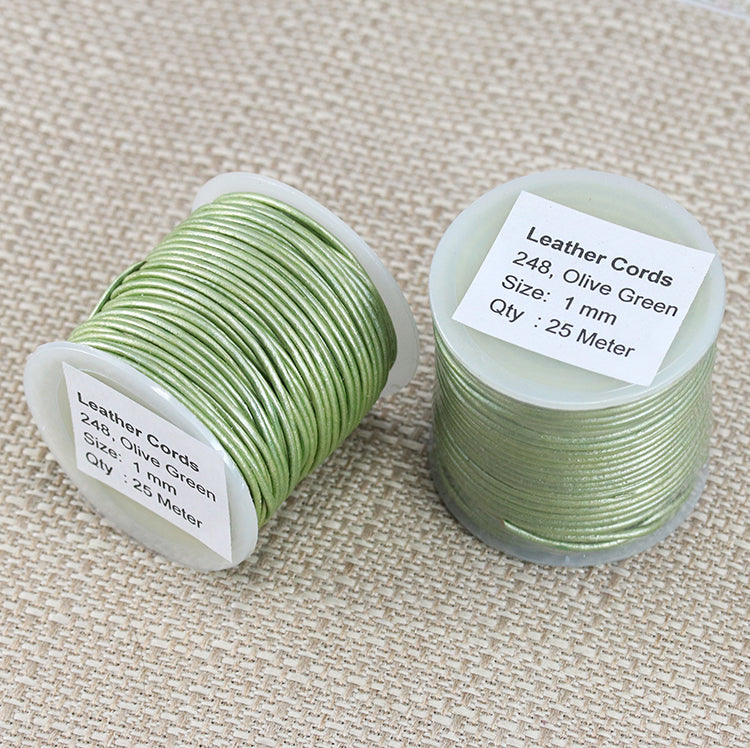 1mm round Indian leather - olive green METALLIC - 25m SPOOL