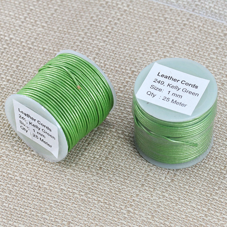 1mm round Indian leather - kelly green METALLIC - 25m SPOOL