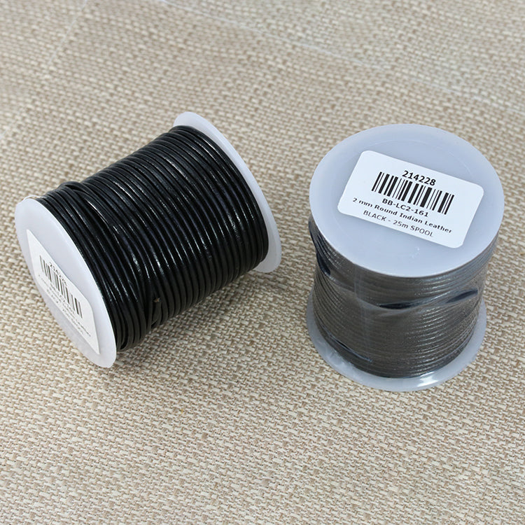 2mm round Indian leather - black - 25m SPOOL