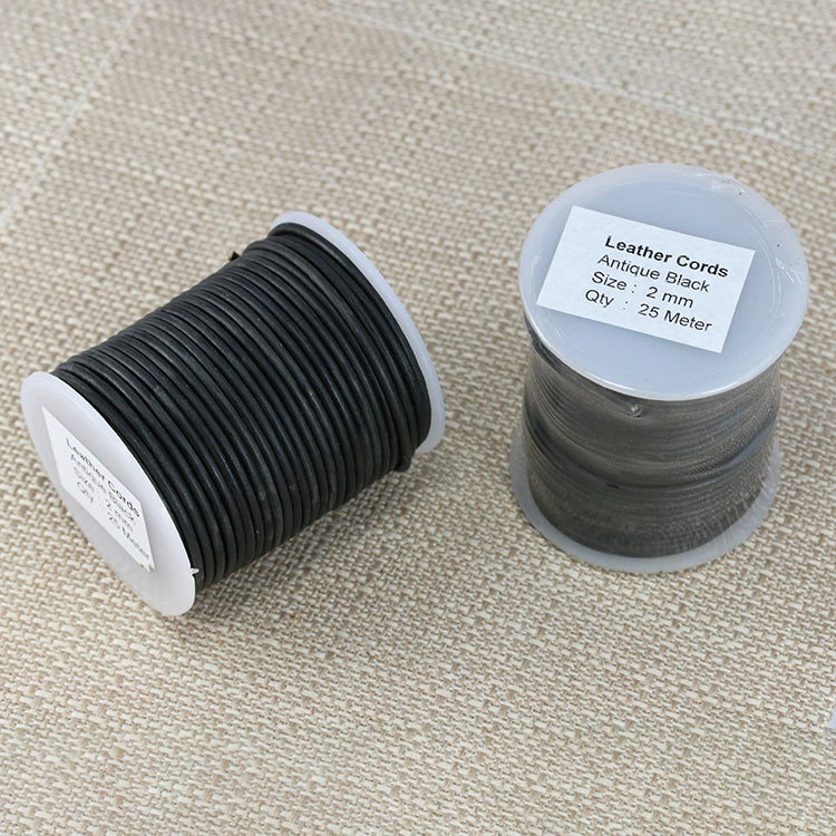 2mm round Indian leather - ANTIQUE black - 25m SPOOL