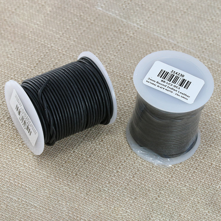 2mm round Indian leather - natural black matte - 25m SPOOL