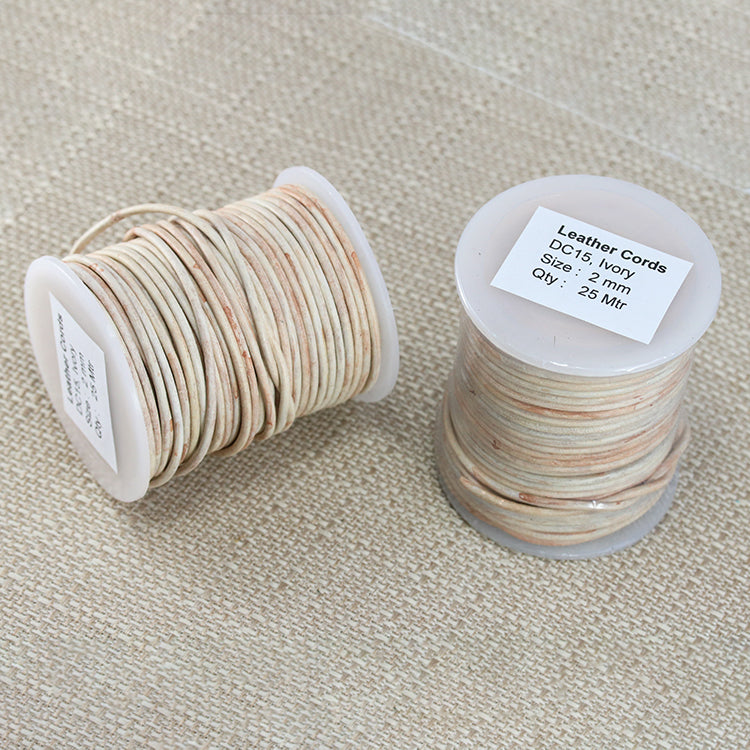 2mm round Indian leather - weathered IVORY - 25m SPOOL