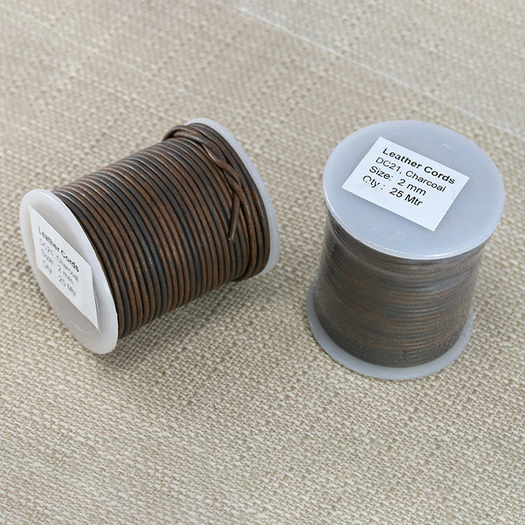 2mm round Indian leather - NATURAL CHARCOAL - 25m SPOOL
