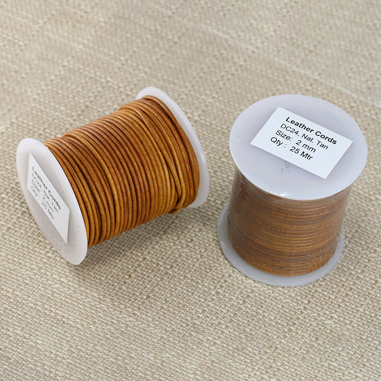 2mm round Indian leather - NATURAL TAN - 25m SPOOL