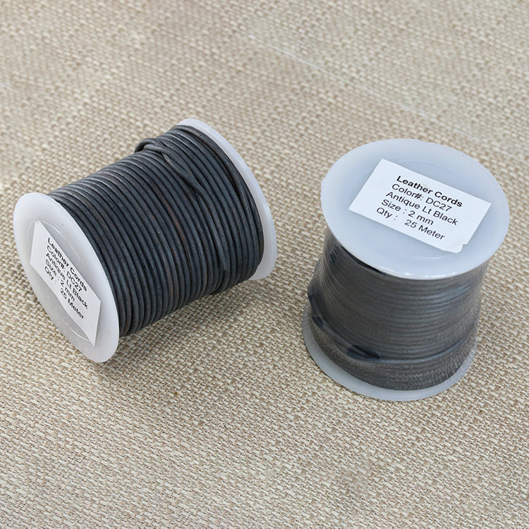 2mm round Indian leather - ANTIQUE LT BLACK - 25m SPOOL