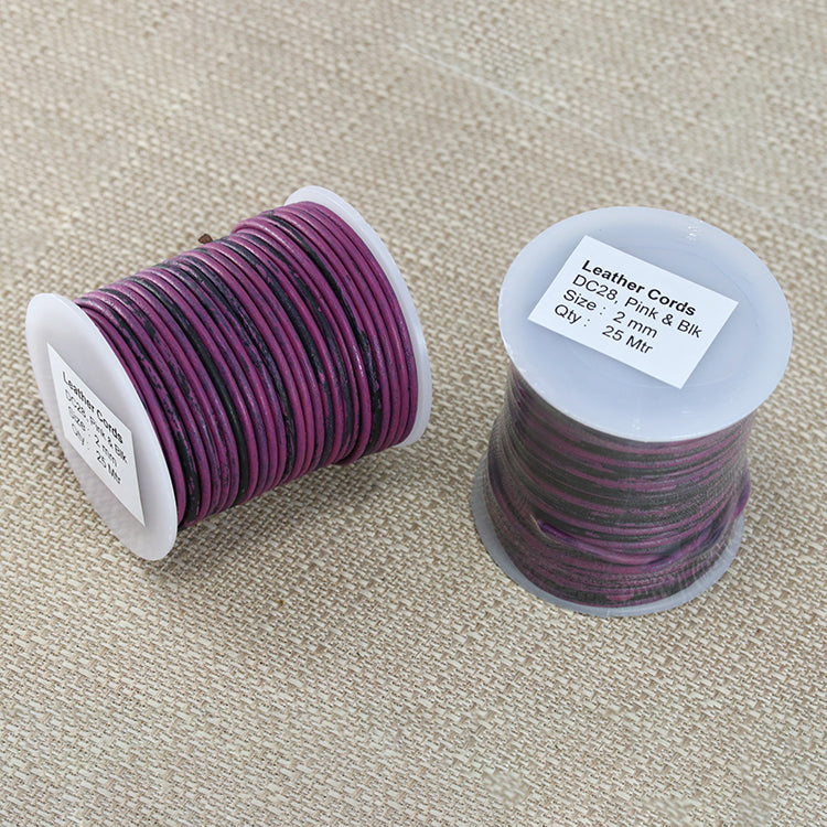 2mm round Indian leather - PINK & BLACK - 25m SPOOL