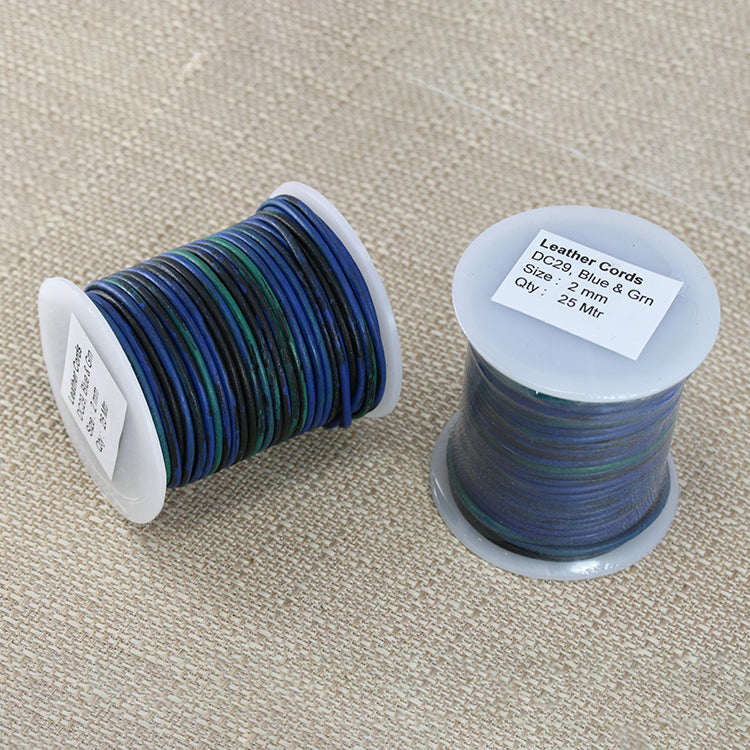 2mm round Indian leather - BLUE & GREEN - 25m SPOOL