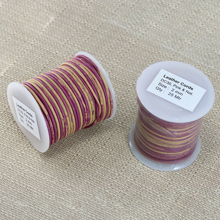 2mm round Indian leather - PINK & NATURAL - 25m SPOOL