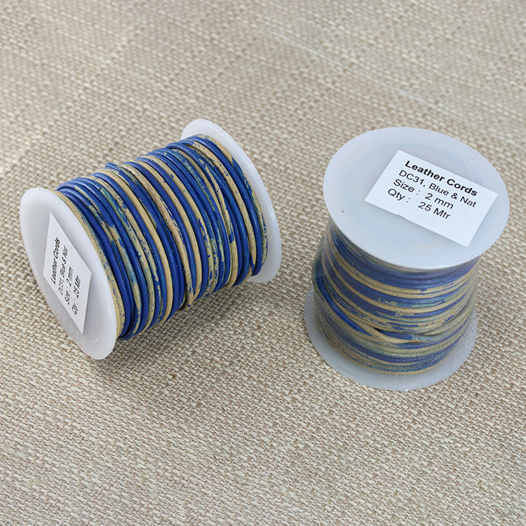 2mm round Indian leather - BLUE & NATURAL - 25m SPOOL