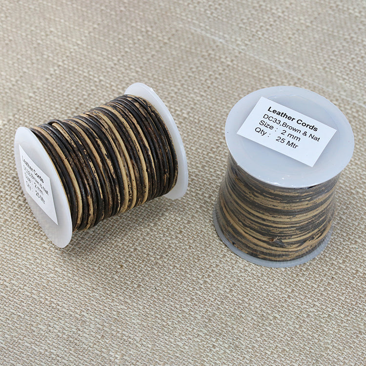 2mm round Indian leather - BROWN & NATURAL - 25m SPOOL