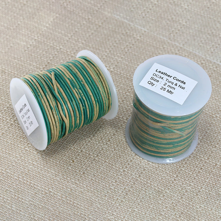 2mm round Indian leather - TURQUOISE & NATURAL - 25m SPOOL