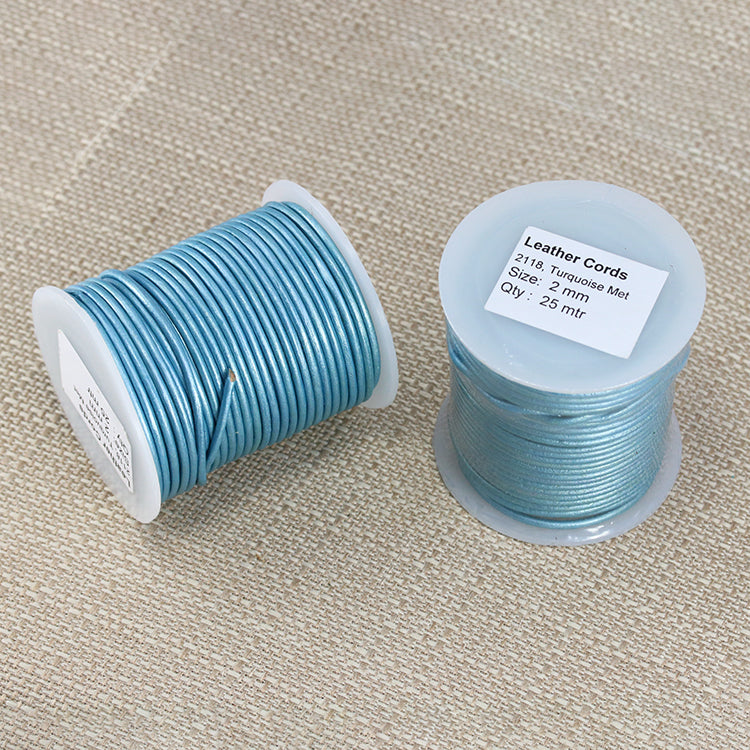 2mm round Indian leather - lt turquoise METALLIC - 25m SPOOL