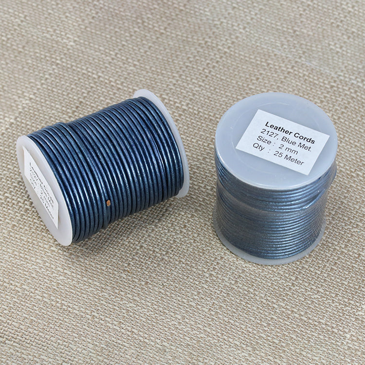 2mm round Indian leather - blue METALLIC - 25m SPOOL