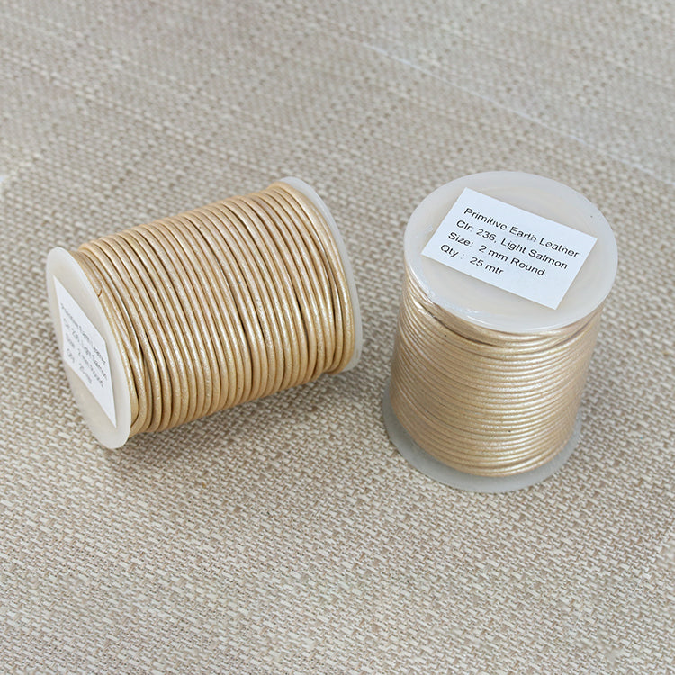 2mm round Indian leather - lt salmon METALLIC - 25m SPOOL