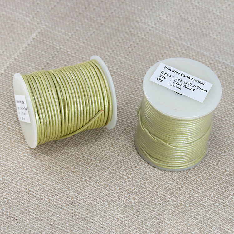 2mm round Indian leather - lt fern green METALLIC - 25m SPOOL