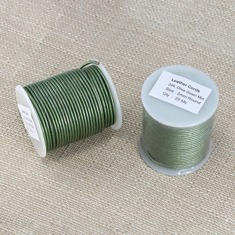 2mm round Indian leather - olive green METALLIC - 25m SPOOL