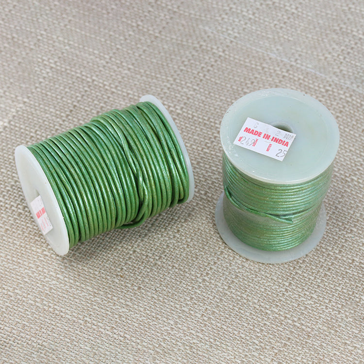 2mm round Indian leather - kelly green METALLIC - 25m SPOOL