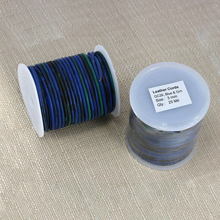3mm round Indian leather - BLUE & GREEN - 25m SPOOL