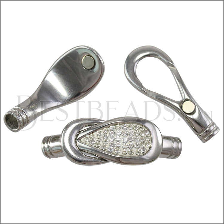 5mm round STAINLESS STEEL mag clasp STYLE 9 - SILVER CRYSTALS - 5 clasps