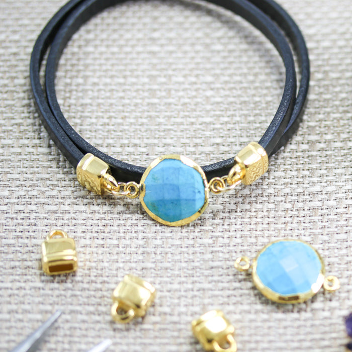 Bezel GEMSTONE Connector Charm GOLD - TURQUOISE HOWLITE - 2 pcs