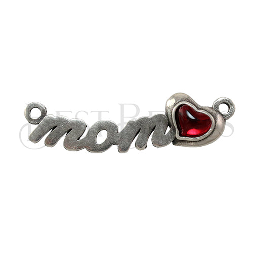 2-loop MOM w/ RED HEART connector charm ANT SILVER - 1 pc