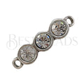 THREE-CRYSTAL Link ANTIQUE SILVER w/ WHITE- 2 pcs