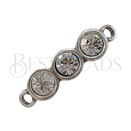 THREE-CRYSTAL Link ANTIQUE SILVER w/ WHITE- 2 pcs