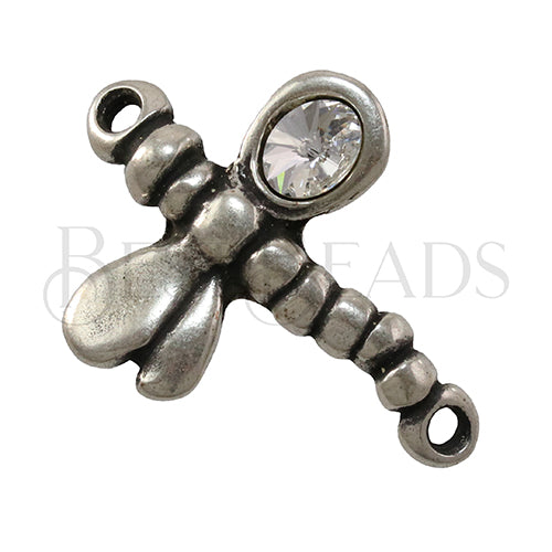 2mm round DRAGONFLY w/ CRYSTAL Link ANTIQUE SILVER  - 2 pcs
