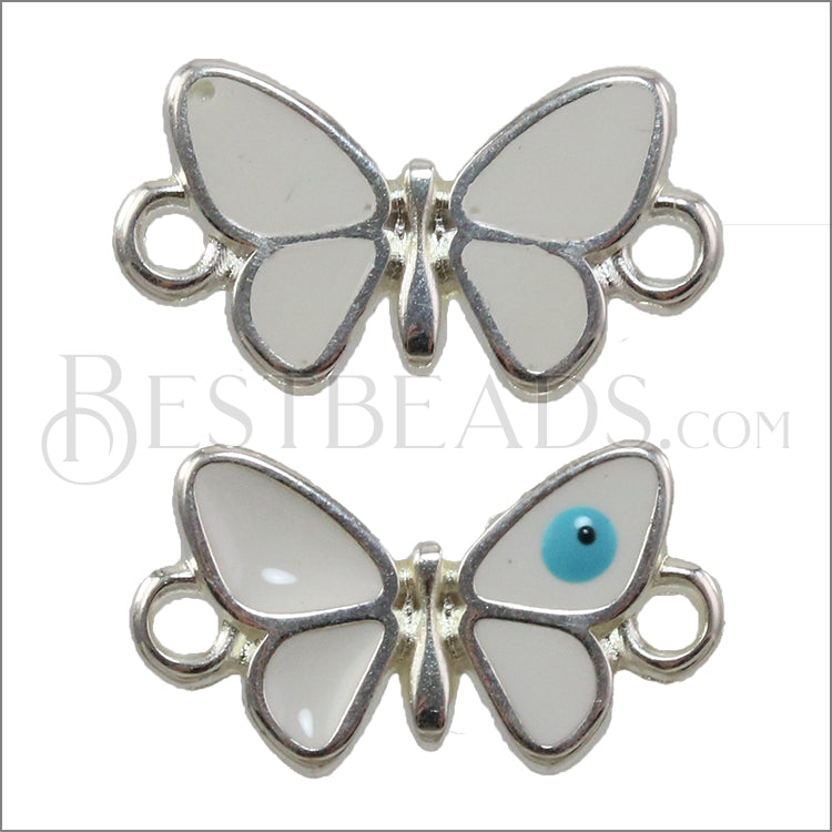 Butterfly w/ eye connector charm SILVER EPOXY - White - 10 pcs