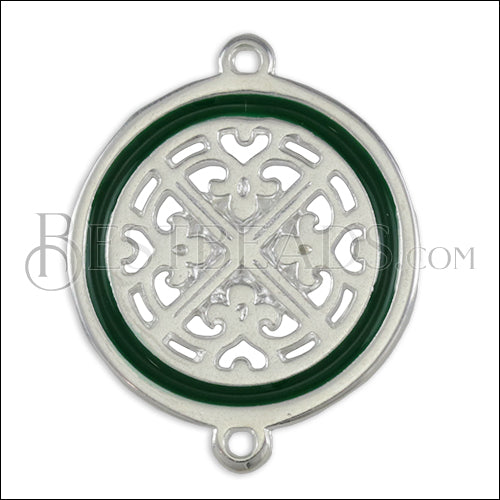 Ornate Filigree Disc connector charm SILVER EPOXY - Emerald - 5 pcs