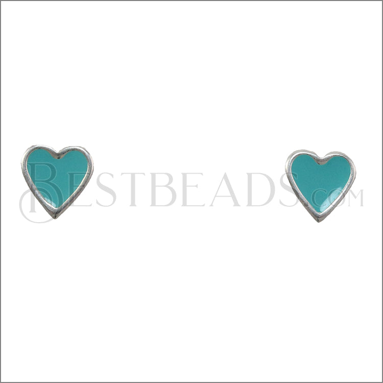 Heart Earring Post SILVER EPOXY - AQUA - 10 pcs