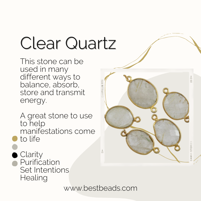Bezel GEMSTONE Connector Charm GOLD - CLEAR QUARTZ - 2 pcs